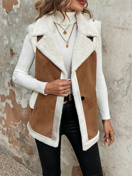 Elegante Dames Mouwloos Vest – Bruin & Crème Waterfall Kraag